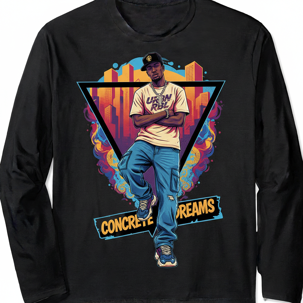 Black man in short sleeve t-shirt and baggy jeans streetwear graphic on men's hoodie